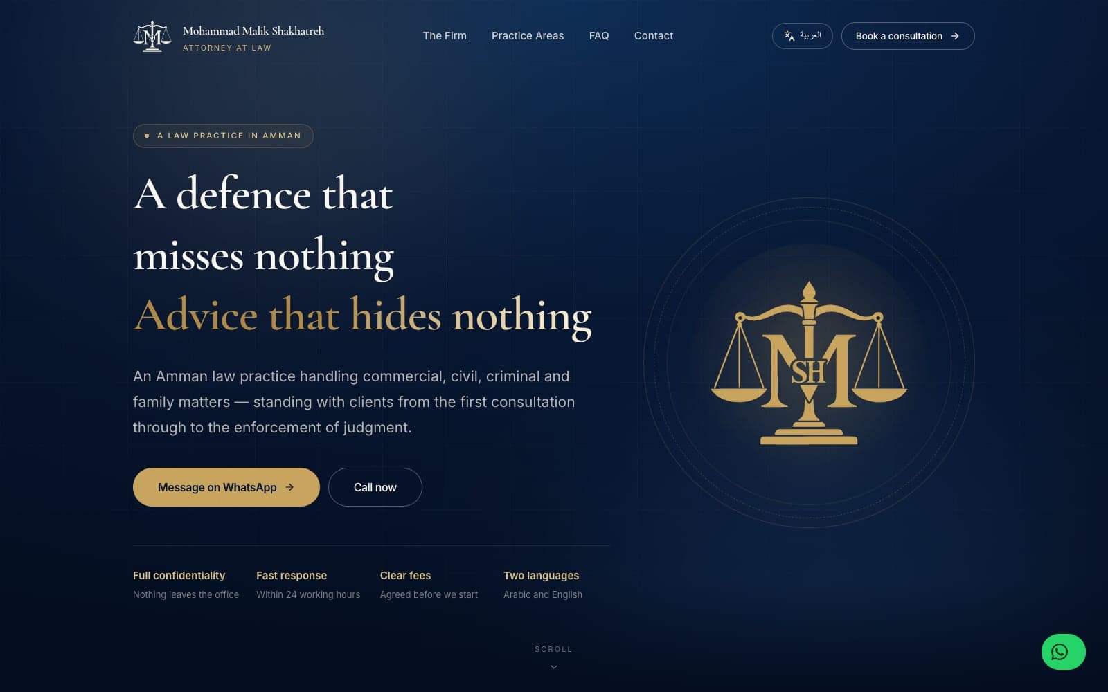Shakhatreh Law Firm — A law practice's site that reads like the lawyer: clear, candid, bilingual.
